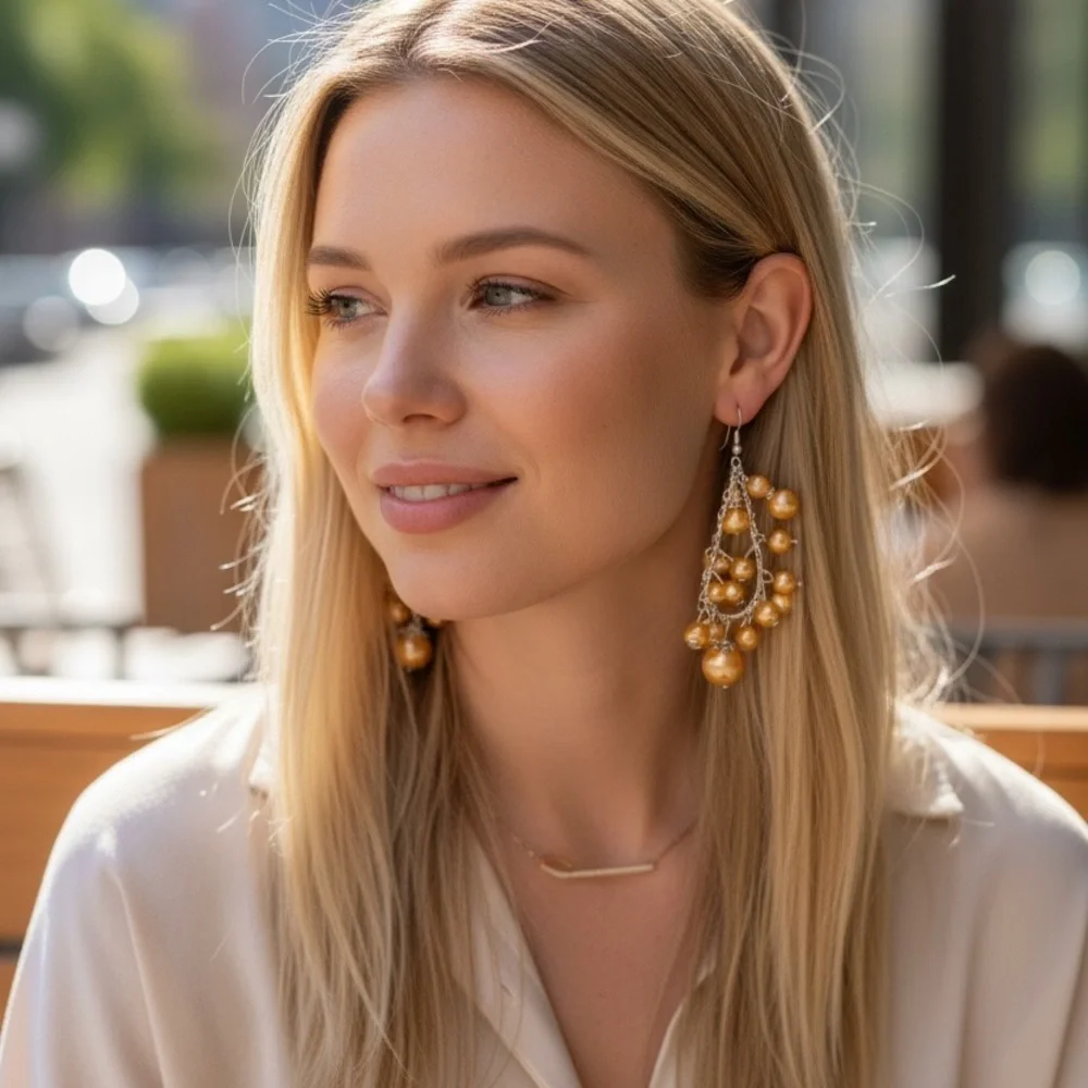 Estate Dangle Cluster Earrings – Gold Pearl Bead & Silver Chain Drop Style